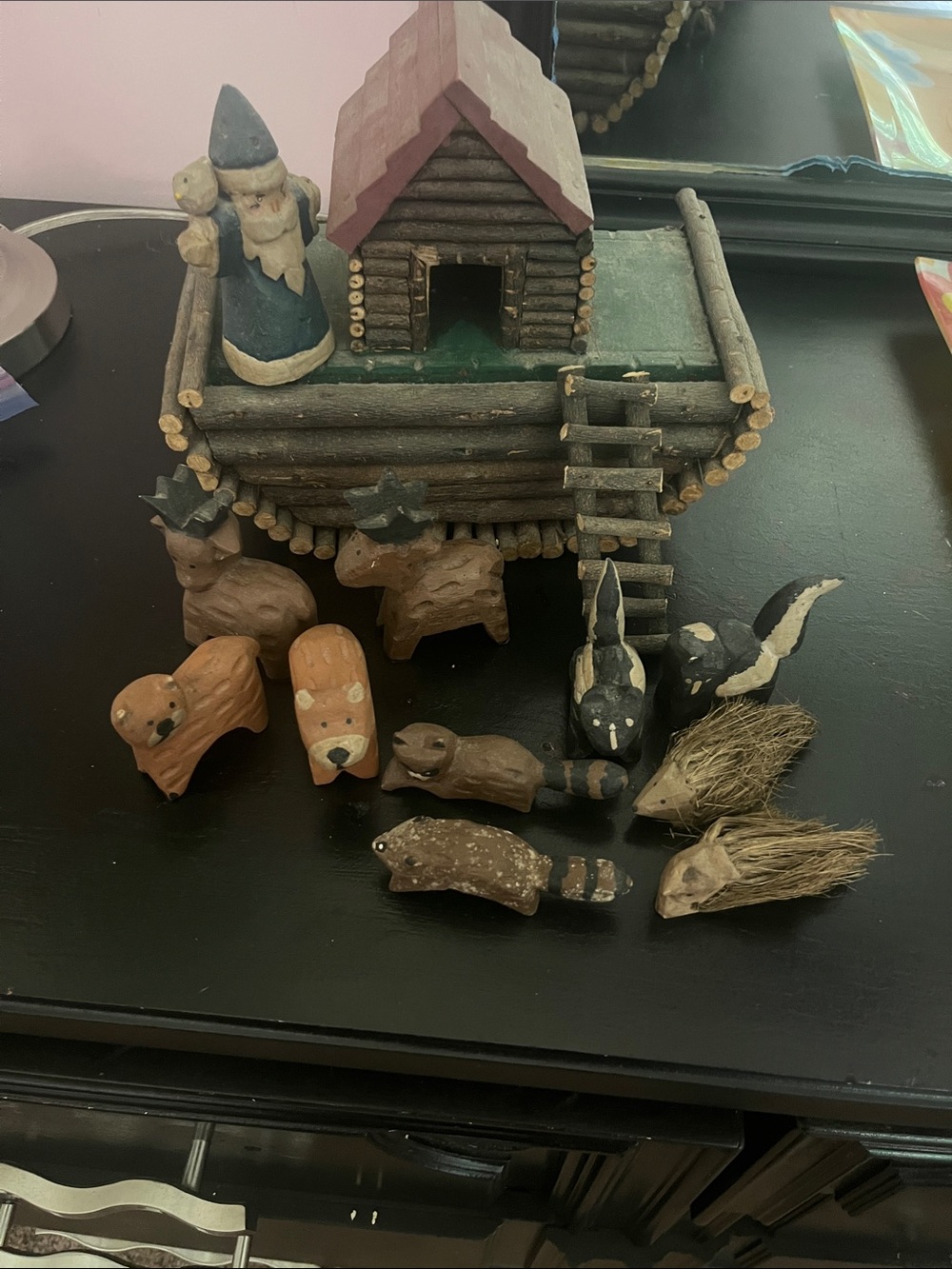 Rustic Wooden Noah’s Ark Animal Set with Log Cabin boat - Brown & Black